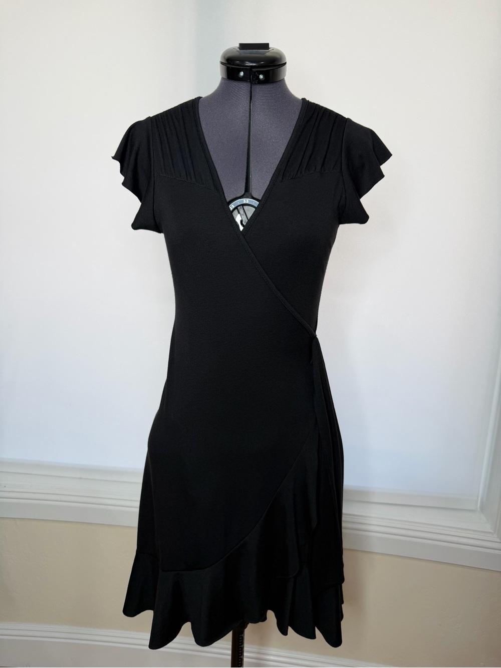 Elan Black Wrap Midi Dress with Flutter Sleeves